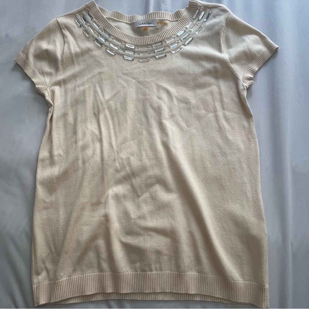 Calvin Klein Silk Blend Cream Embellished Top Women's Size M